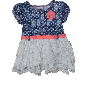 Little Lass Girls 4T Blue Floral Dress Lace Skirt Coral Belt